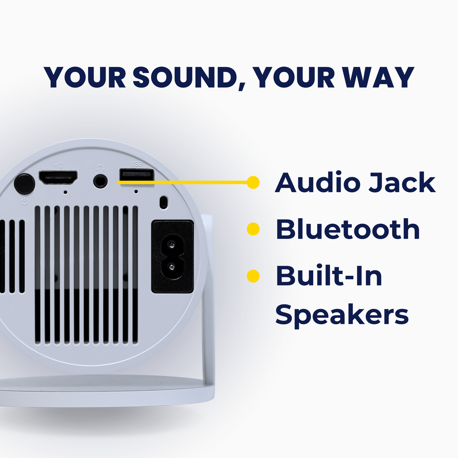 Projector showcasing three audio options: built-in speaker, Bluetooth connectivity, and AUX cable, offering flexible sound choices.